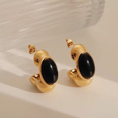 Wholesale 1 Pair Vintage Classic Style C Shape Plating Inlay 304 Stainless Steel Acrylic Natural Stone Tiger Eye 18K Gold Plated Ear Studs - ChicMeto