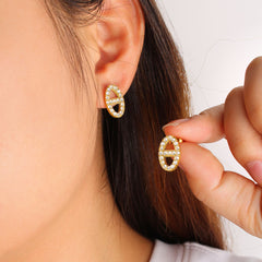 wholesale Retro Simple Style Oval Inlay 304 316 Stainless Steel Rhinestones 18K Gold Plated Ear Studs - ChicMeto