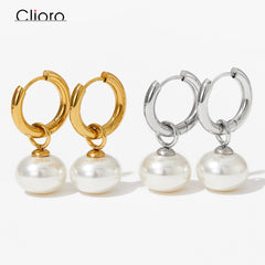 Wholesale 1 Pair IG Style Round Plating Inlay 304 Stainless Steel Pearl 16K Gold Plated White Gold Plated Drop Earrings - ChicMeto