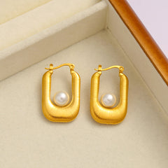 Wholesale 1 Pair Exaggerated Simple Style U Shape Inlay 304 Stainless Steel Plastic Pearl 18K Gold Plated Hoop Earrings - ChicMeto