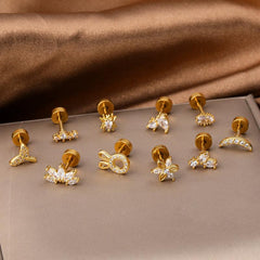 Wholesale 1 Piece Classic Style Insect Flower Polishing Plating Inlay Stainless Steel Copper Zircon 18k Gold Plated Ear Studs - ChicMeto