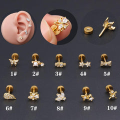 Wholesale 1 Piece Classic Style Star Flower Butterfly 316 Stainless Steel Copper Polishing Inlay Zircon 18K Gold Plated Ear Cartilage Rings Studs - ChicMeto