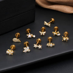 Wholesale 1 Piece Classic Style Star Flower Butterfly 316 Stainless Steel Copper Polishing Inlay Zircon 18K Gold Plated Ear Cartilage Rings Studs - ChicMeto