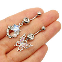 Wholesale 1 Piece Cute Pastoral Simple Style Star Heart Shape Wings Stainless Steel Alloy Plating Inlay Acrylic Rhinestones Glass White Gold Plated Belly Rings - ChicMeto