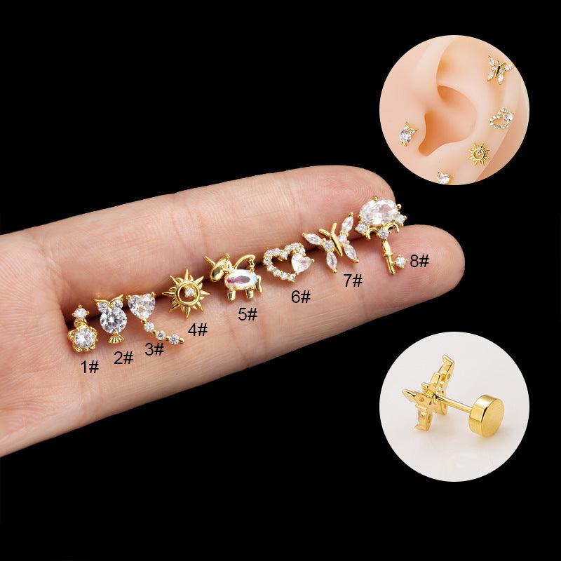 Wholesale 1 Piece Ear Cartilage Rings Studs Fashion Heart Shape Owl Butterfly Copper Plating Inlay Zircon - ChicMeto