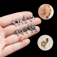 Wholesale 1 Piece Ear Cartilage Rings Studs Retro Four Leaf Clover Moon Heart Shape 316 Stainless Steel Plating - ChicMeto