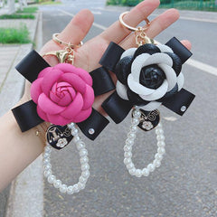 Wholesale 1 Piece Fashion Heart Shape Flower PU Leather Imitation Pearl Women's Bag Pendant Keychain - ChicMeto