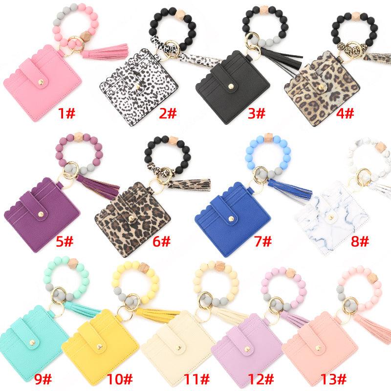 Wholesale 1 Piece Fashion Tassel Solid Color Leopard PU Leather Beaded Women's Keychain - ChicMeto