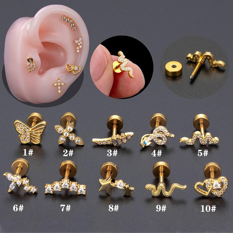 Wholesale 1 Piece Simple Classic Heart Shape Snake Butterfly Copper Polishing Inlay Zircon 18K Gold Plated Ear Cartilage Rings Studs - ChicMeto