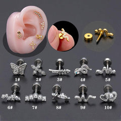 Wholesale 1 Piece Simple Classic Heart Shape Snake Butterfly Copper Polishing Inlay Zircon 18K Gold Plated Ear Cartilage Rings Studs - ChicMeto