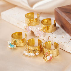 Wholesale Artistic Round Stainless Steel Open Rings 18K Gold Plated with Freshwater Pearl Inlays - ChicMeto