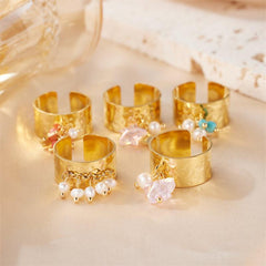 Wholesale Artistic Round Stainless Steel Open Rings 18K Gold Plated with Freshwater Pearl Inlays - ChicMeto