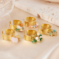 Wholesale Artistic Round Stainless Steel Open Rings 18K Gold Plated with Freshwater Pearl Inlays - ChicMeto