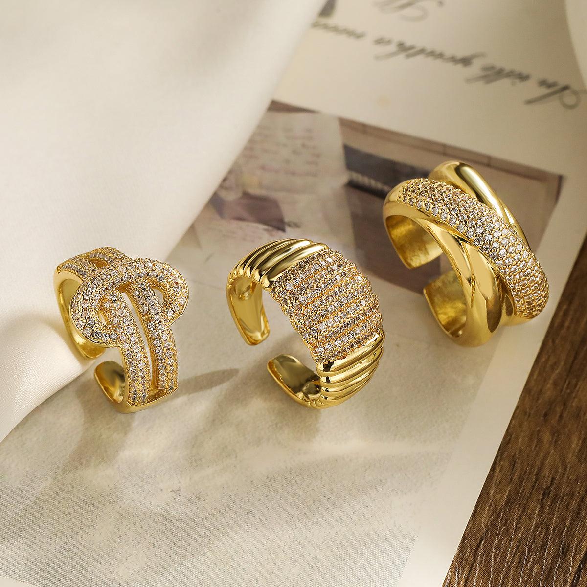 Wholesale Casual Modern Style Geometric Copper Plating Inlay Zircon 18K Gold Plated Open Rings - ChicMeto