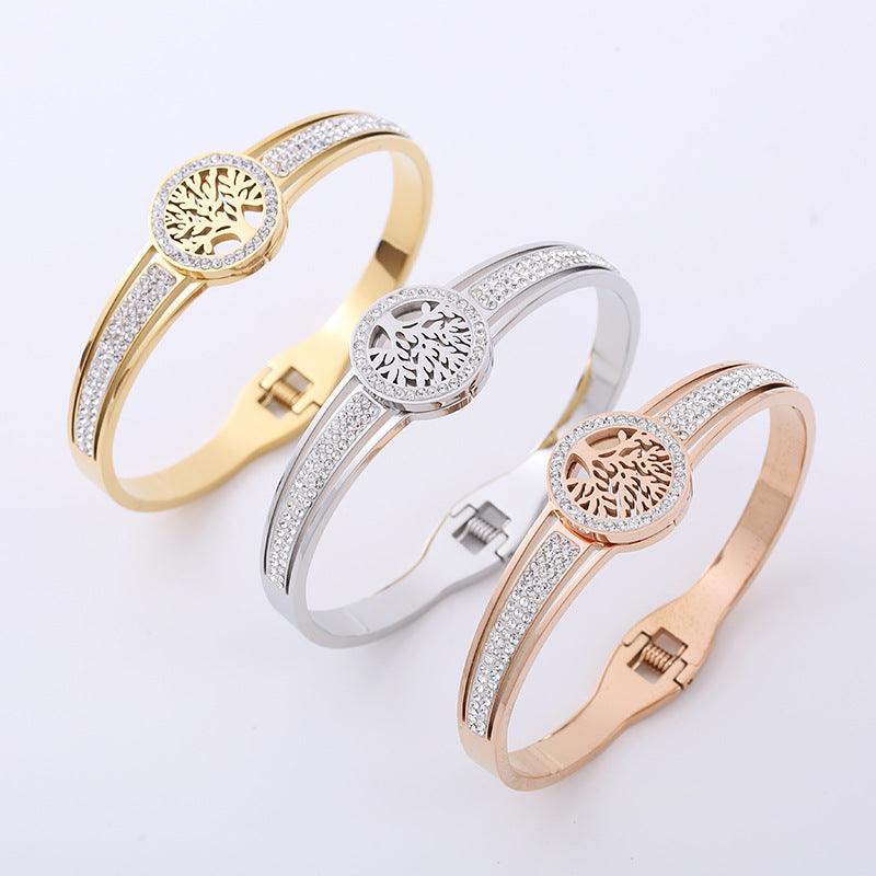 Wholesale Classic Style Life Tree Stainless Steel Rhinestones 18K Gold Plated Bangle - ChicMeto