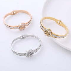 Wholesale Classic Style Life Tree Stainless Steel Rhinestones 18K Gold Plated Bangle - ChicMeto