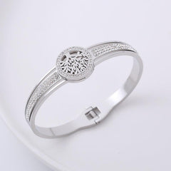 Wholesale Classic Style Life Tree Stainless Steel Rhinestones 18K Gold Plated Bangle - ChicMeto