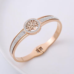 Wholesale Classic Style Life Tree Stainless Steel Rhinestones 18K Gold Plated Bangle - ChicMeto