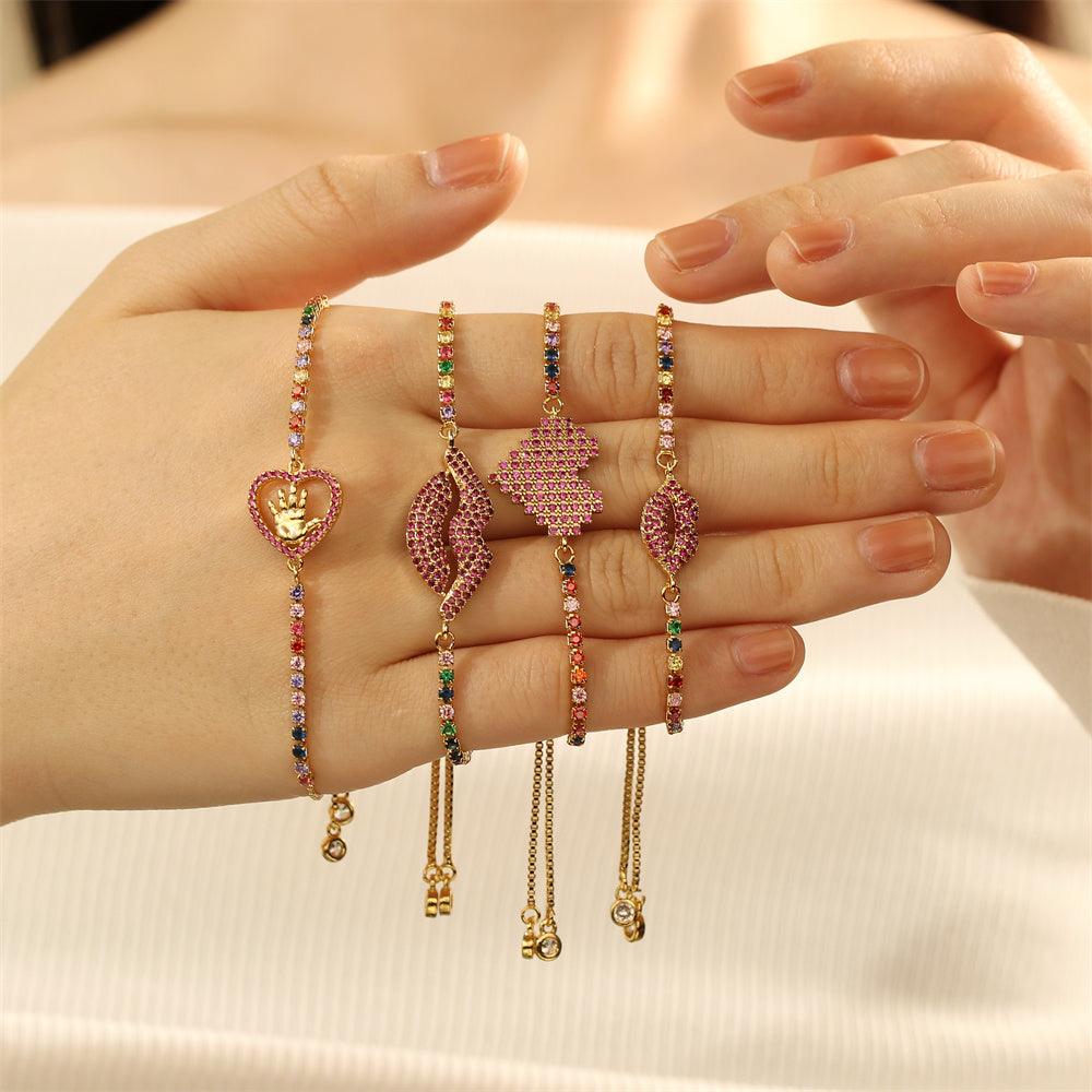 Wholesale Copper 18K Gold Plated Bracelet IG Style Simple Commute Lips Heart Gesture Zircon Inlay - ChicMeto