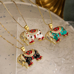 Wholesale Copper 18K Gold Plated Retro Elephant Enamel Inlay Zircon Pendant Necklace - ChicMeto