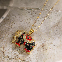 Wholesale Copper 18K Gold Plated Retro Elephant Enamel Inlay Zircon Pendant Necklace - ChicMeto