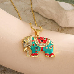 Wholesale Copper 18K Gold Plated Retro Elephant Enamel Inlay Zircon Pendant Necklace - ChicMeto