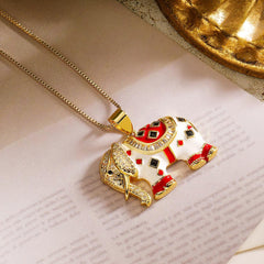 Wholesale Copper 18K Gold Plated Retro Elephant Enamel Inlay Zircon Pendant Necklace - ChicMeto