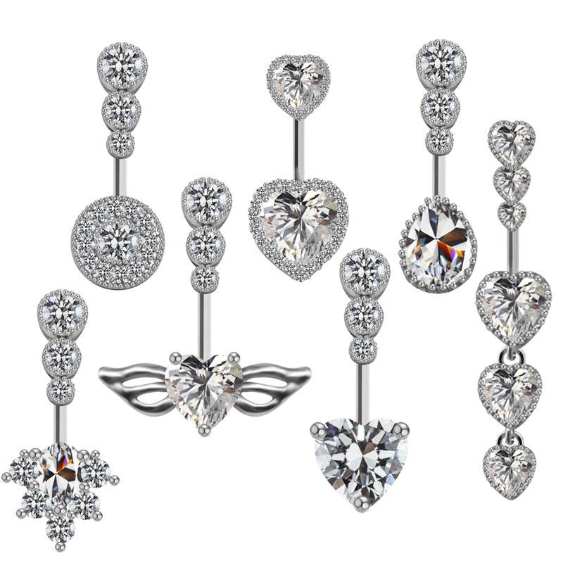 Wholesale Cute Luxurious Heart Shape Stainless Steel Copper Plating Inlay Gem Rhinestones Zircon White Gold Plated Belly Ring - ChicMeto