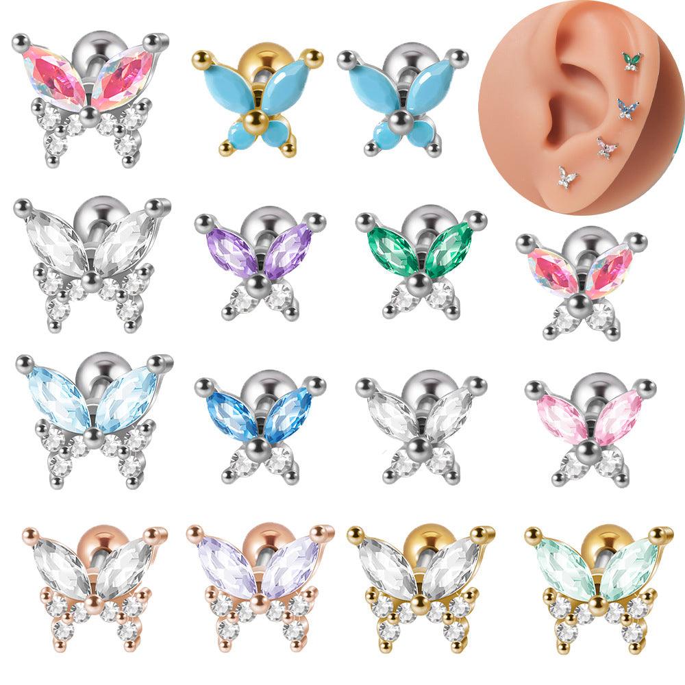 Wholesale Ear Cartilage Rings Studs Artistic Butterfly 304 Stainless Steel Turquoise Zircon Inlay - ChicMeto