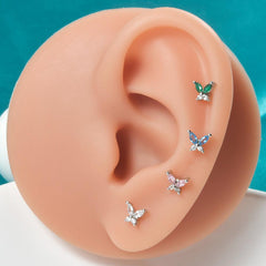 Wholesale Ear Cartilage Rings Studs Artistic Butterfly 304 Stainless Steel Turquoise Zircon Inlay - ChicMeto