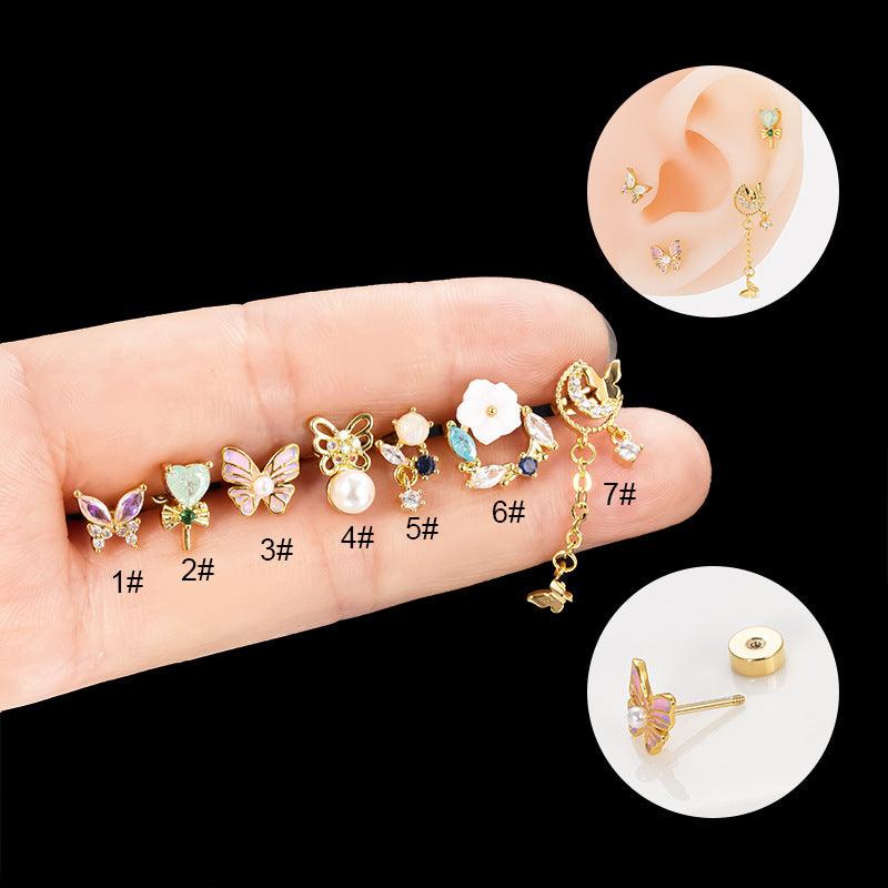 Wholesale Ear Cartilage Rings Studs Hip-Hop Heart Shape Flower Butterfly 316 Stainless Steel Copper Inlay Pearls Zircon - ChicMeto