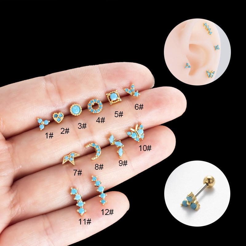 Wholesale Ear Cartilage Rings Studs Retro Sweet Moon Crown Butterfly Copper Inlay Zircon - ChicMeto