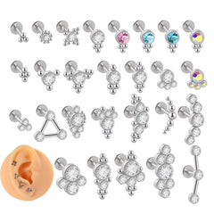 Wholesale Ear Cartilage Rings Studs Simple Geometric 304 Stainless Steel G23 Titanium Plating Inlay Rhinestones - ChicMeto