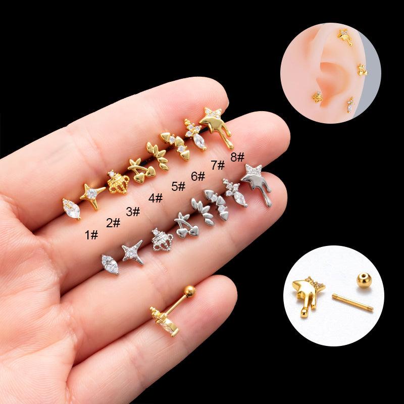 Wholesale Ear Cartilage Rings Studs Simple Korean Style Star Cherry Crown 316 Stainless Steel Copper Plating - ChicMeto