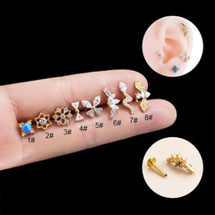 Wholesale Ear Cartilage Rings Studs Simple Style Flower Pure Titanium Inlay Rhinestones - ChicMeto