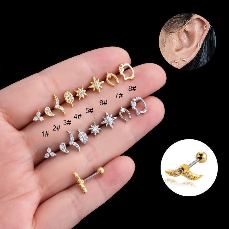 Wholesale Ear Cartilage Rings Studs Vintage French Style Hexagram Leaves 316 Stainless Steel Copper Plating Inlay Zircon - ChicMeto