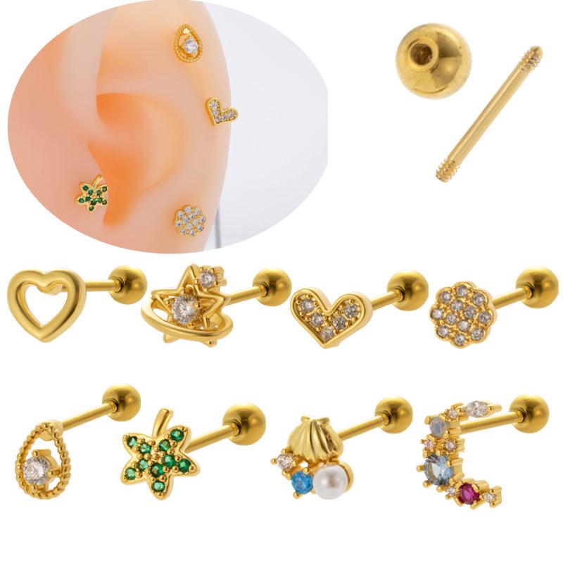 Wholesale Ear Cartilage Rings Studs Vintage French Style Leaves Water Droplets Heart 316 Stainless Steel Copper Plating Inlay Pearl Zircon - ChicMeto