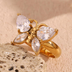 Wholesale Elegant Basic Classic Style Butterfly Stainless Steel Plating Inlay Zircon 18K Gold Plated Rings - ChicMeto