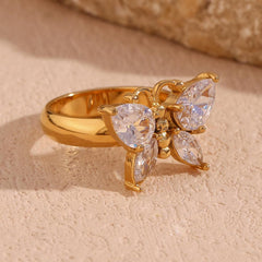 Wholesale Elegant Basic Classic Style Butterfly Stainless Steel Plating Inlay Zircon 18K Gold Plated Rings - ChicMeto