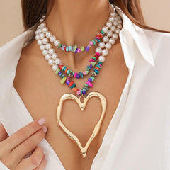 Wholesale Elegant Exaggerated Heart Shape Pearl Turquoise Beaded Alloy Necklace for Women - ChicMeto