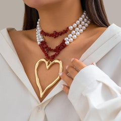 Wholesale Elegant Exaggerated Heart Shape Pearl Turquoise Beaded Alloy Necklace for Women - ChicMeto