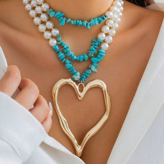 Wholesale Elegant Exaggerated Heart Shape Pearl Turquoise Beaded Alloy Necklace for Women - ChicMeto