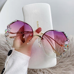 Wholesale Elegant Geometric AC Oval Frame Diamond Half Frame Women's Sunglasses - ChicMeto