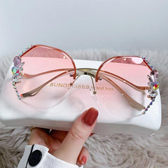 Wholesale Elegant Geometric AC Oval Frame Diamond Half Frame Women's Sunglasses - ChicMeto