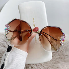 Wholesale Elegant Geometric AC Oval Frame Diamond Half Frame Women's Sunglasses - ChicMeto