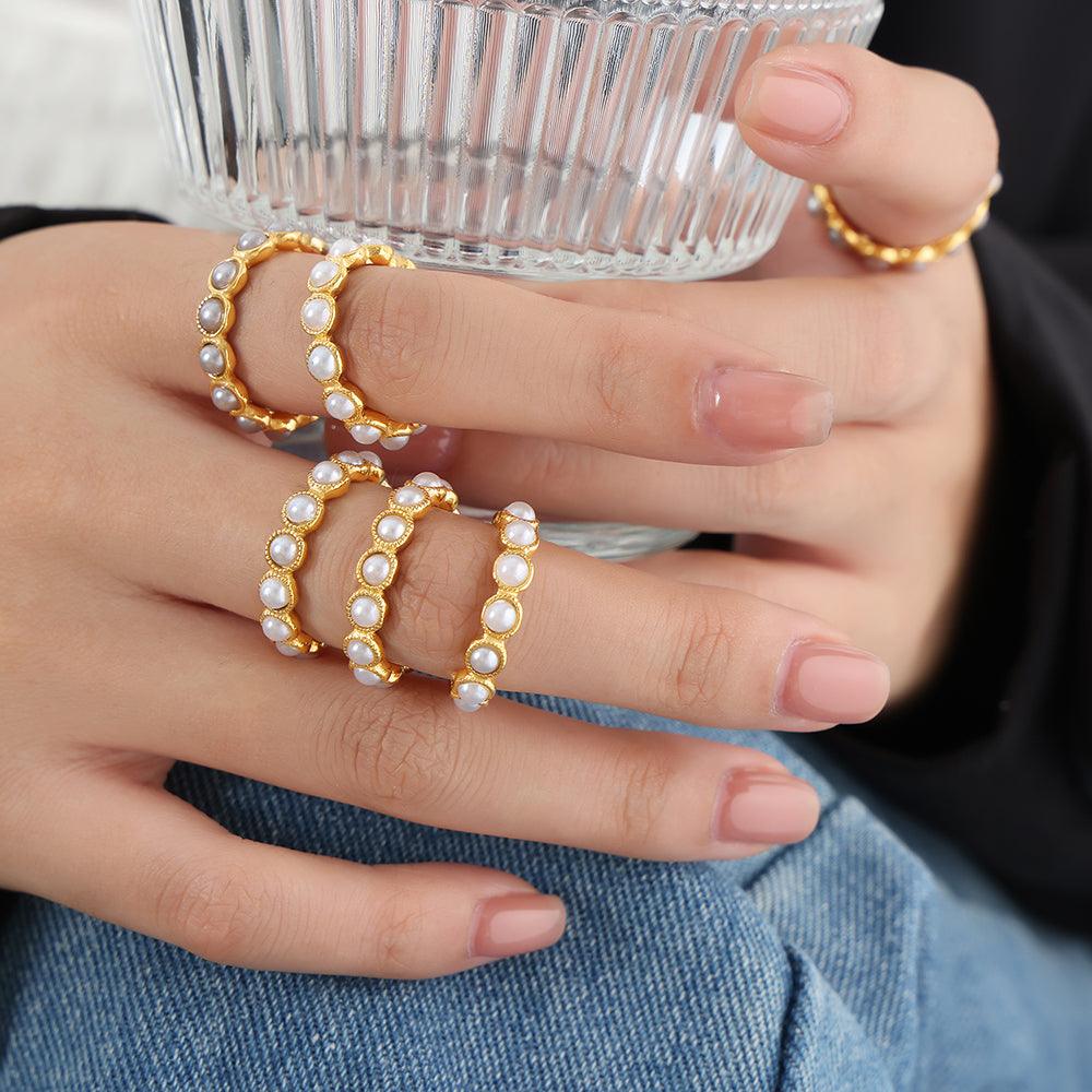 Wholesale Elegant Lady Baroque Style Geometric Titanium Steel Plating Inlay Artificial Pearls 18K Gold Plated Rings - ChicMeto