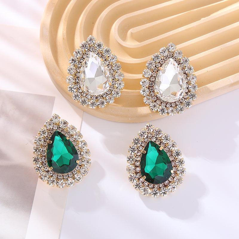 Wholesale Elegant Luxurious Shiny Water Droplet Inlay Alloy Rhinestones Glass Stone Gold Plated Ear Studs - ChicMeto