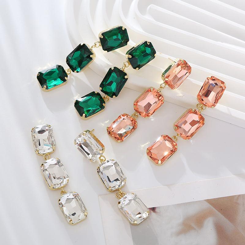 Wholesale Elegant Luxurious Square Inlay Alloy Glass Gold Plated Drop Earrings - ChicMeto