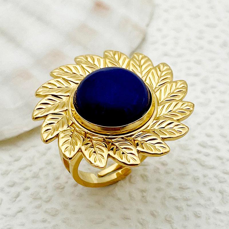 Wholesale Elegant Retro British Style Flower Stainless Steel Open Rings Gold Plated with Artificial Gemstones Inlay - ChicMeto