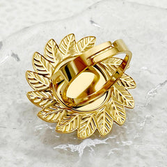 Wholesale Elegant Retro British Style Flower Stainless Steel Open Rings Gold Plated with Artificial Gemstones Inlay - ChicMeto